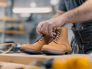 A craftsman carefully laces up a pair of brown leather boots in his workshop.