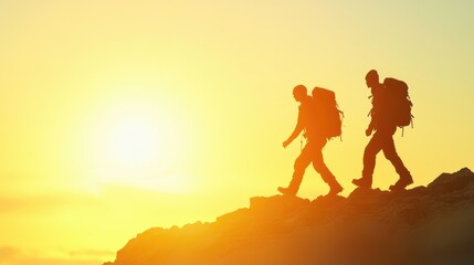 Fototapeta premium Two hikers silhouette against a stunning sunrise, celebrating their achievement at the mountain summit, filled with tranquility and awe
