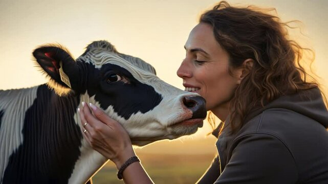 Smiling female farmer embraces a dairy cow with a kiss, 