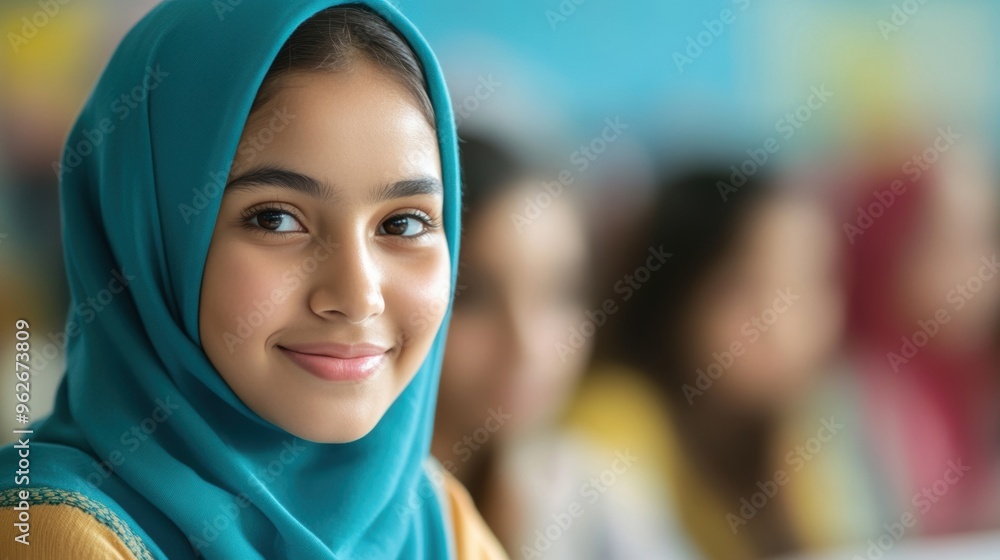 Poster a group of smiling students wearing hijabs studies together, exchanging ideas and notes in a vibrant