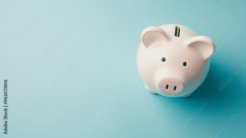 Poster Top view of a white piggy bank with space for text representing the concept of saving money for investment and profit