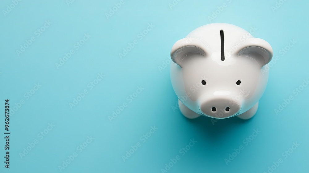 Poster Top view of a white piggy bank with space for text representing the concept of saving money for investment and profit