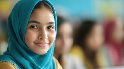 A group of smiling students wearing hijabs studies together, exchanging ideas and notes in a vibrant classroom setting