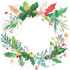 Fototapeta premium Traditional holly wreath with green leaves and red berries, isolated on white. Classic Christmas decoration perfect for holiday decor and seasonal projects.