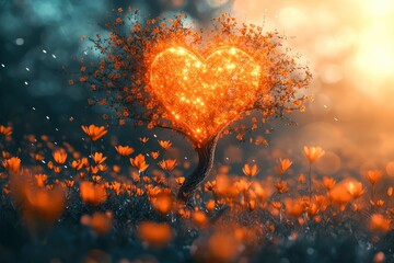 Enchanting heart-shaped fantasy tree glowing amidst orange wildflowers covered in morning dew, set against a dreamy bokeh background hinting at a magical realm with generative ai