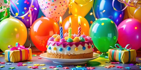 Vibrant balloons and colorful streamers surround a beautifully decorated cake with candles lit, celebrating a special day of joy and love for a beloved person.
