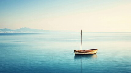 A tranquil sailboat floats alone on placid blue waters, with soft morning light illuminating the peaceful landscape