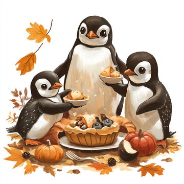 penguins sharing pie autumn feast clip art preview