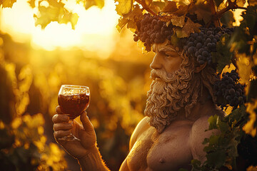 Dionysus, God of Wine, Indulges in His Creation, a Glass of Rich Red Wine, Bathed in the Golden Light of a Setting Sun.