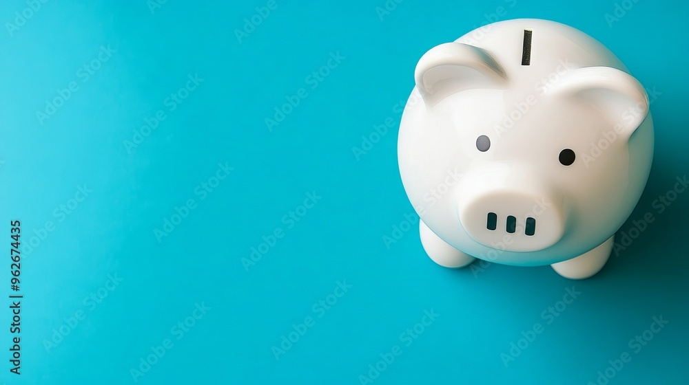 Poster Top view of a white piggy bank with space for text representing the concept of saving money for investment and profit