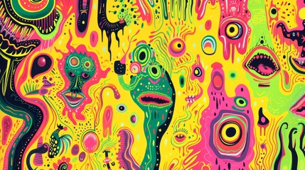 An intricate, vibrant psychedelic artwork filled with surreal, abstract shapes and patterns. The lively color palette and whimsical designs create a mesmerizing visual experience, perfect for creative