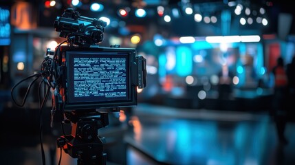 A television studio setup with a camera focused on a screen displaying static.
