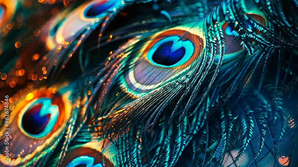 Poster captivating close-up of vibrant peacock feathers displaying mesmerizing patterns and colors in natur