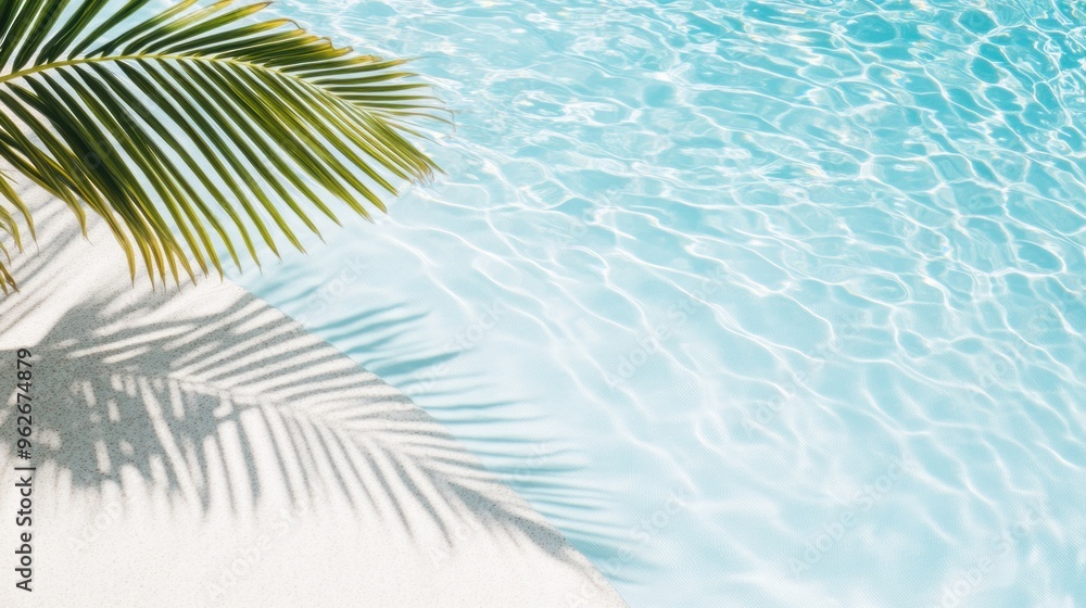 Poster palm leaves create enchanting shadows on the shimmering surface of a serene pool, reflecting the bri