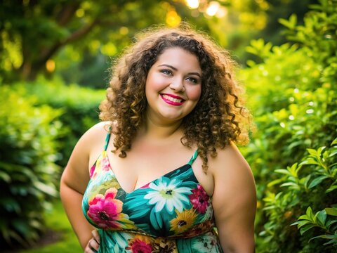 A plus-sized young woman with curly brown hair and a bright smile, wearing a colorful sundress, stands confidently in a lush green outdoor setting.