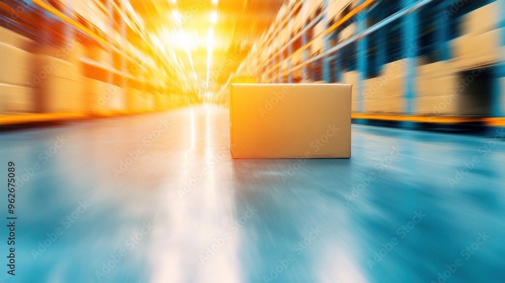 Poster a busy warehouse shows boxes being moved rapidly, creating a dynamic atmosphere with motion blur eff