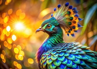 Obraz premium A radiant bird displays its shimmering feathers, iridescent blue, green, and gold in the warm sunlight, set against a natural background of earthy tones.