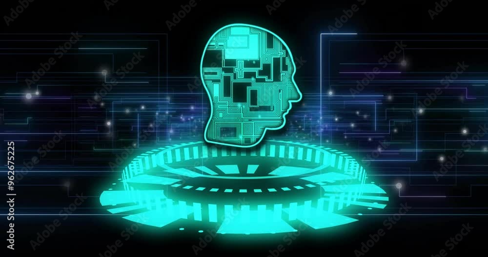 Poster futuristic interface and digital circuit head, animating artificial intelligence