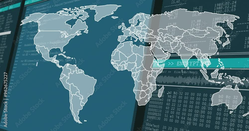 Poster world map and data encryption animation over digital screen with coding