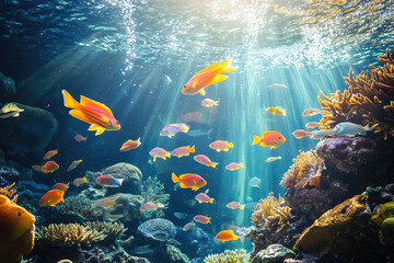 Naklejka premium A symphony of vibrant colors dances beneath the surface, as a school of fish glides through a coral reef, bathed in ethereal sunlight.