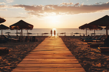 Fototapeta premium Two Silhouettes Stroll Towards the Sunset on a Wooden Path Leading Through a Sandy Beach, With Umbrellas and Loungers in the Background