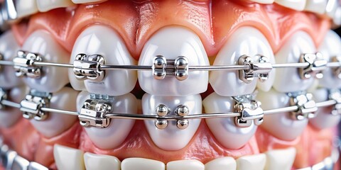 Close-up of shiny metallic dental braces with white rubber bands on a clean background, highlighting orthodontic treatment for straightening teeth and oral health.