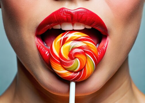 Close-up of a person's lips wrapped around a lollipop, with an intense expression, conveying a sense of pleasure and satisfaction.