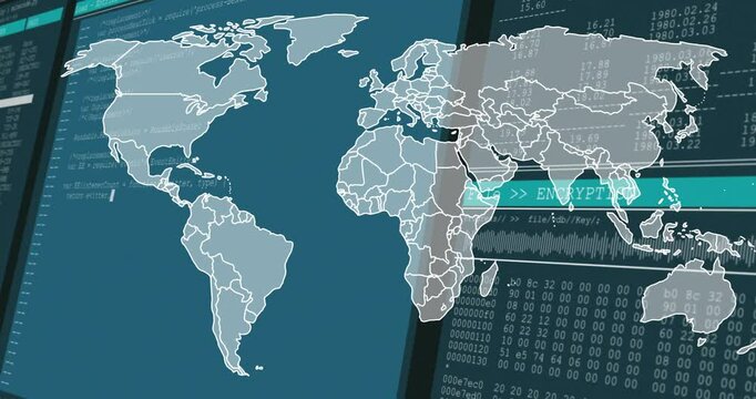 World map and data encryption animation over digital screen with coding