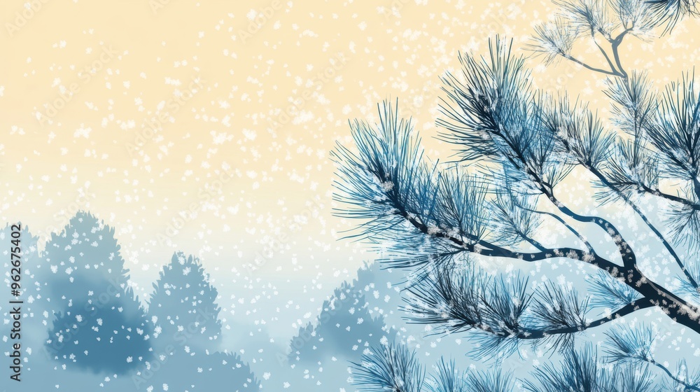 Poster pine branches dusted with snow stretch across a serene winter backdrop as soft snowflakes cascade ge