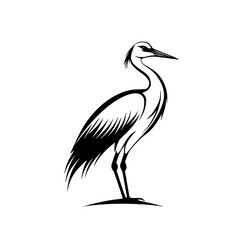 Obraz premium Elegant heron silhouette in black and white, Minimalist black and white heron silhouette illustration, showcasing its graceful stance and delicate feather details, ideal for logos or nature designs. 
