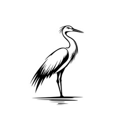 Obraz premium Elegant heron silhouette in black and white, Minimalist black and white heron silhouette illustration, showcasing its graceful stance and delicate feather details, ideal for logos or nature designs. 