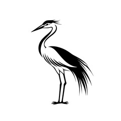 Obraz premium Elegant heron silhouette in black and white, Minimalist black and white heron silhouette illustration, showcasing its graceful stance and delicate feather details, ideal for logos or nature designs. 