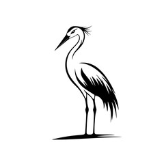 Obraz premium Elegant heron silhouette in black and white, Minimalist black and white heron silhouette illustration, showcasing its graceful stance and delicate feather details, ideal for logos or nature designs. 
