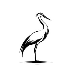 Obraz premium Elegant heron silhouette in black and white, Minimalist black and white heron silhouette illustration, showcasing its graceful stance and delicate feather details, ideal for logos or nature designs. 
