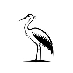 Obraz premium Elegant heron silhouette in black and white, Minimalist black and white heron silhouette illustration, showcasing its graceful stance and delicate feather details, ideal for logos or nature designs. 