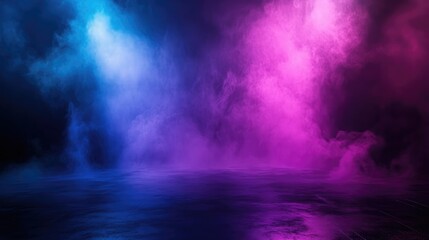 Fototapeta premium Abstract Blue and Purple Neon Light Background with Smoke on Floor, Dark Foggy Room for Product Presentation Mock-up