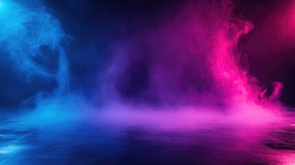 Abstract Blue and Purple Neon Light Background with Smoke on Floor, Dark Foggy Room for Product Presentation Mock-up