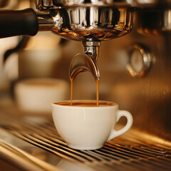 A close-up shot of a professional espresso machine brewing coffee into a white ceramic cup