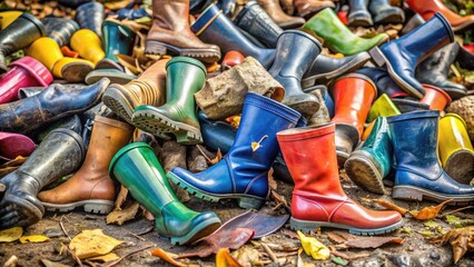Rubber boots left on the ground in a messy pile , abandoned, discarded, footwear, worn, rubber, boots, shoes, muddy, ground
