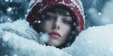 Woman in Red Coat and Hat in Snow