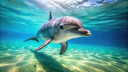 Obraz premium Adorable dolphin swimming playfully in the ocean , cute, aquatic, mammal, marine life, underwater, playful, adorable, flipper