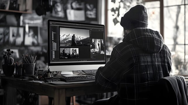 Photographer Editing Monochrome Photos on Monitor