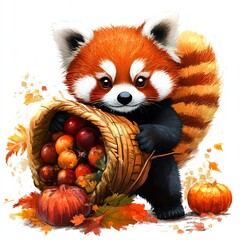 Obraz premium A red panda carrying a Thanksgiving cornucopia clipart, whimsical and festive, vibrant autumn hues, digital painting, isolated on white background