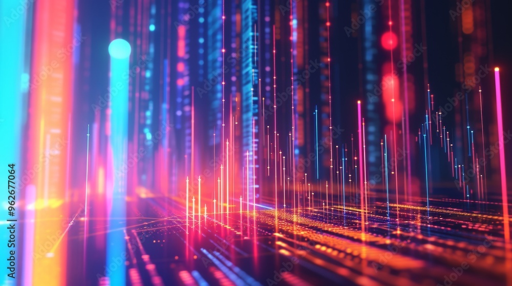 Poster abstract digital artwork showcasing neon data patterns with a futuristic technology theme. the vibra