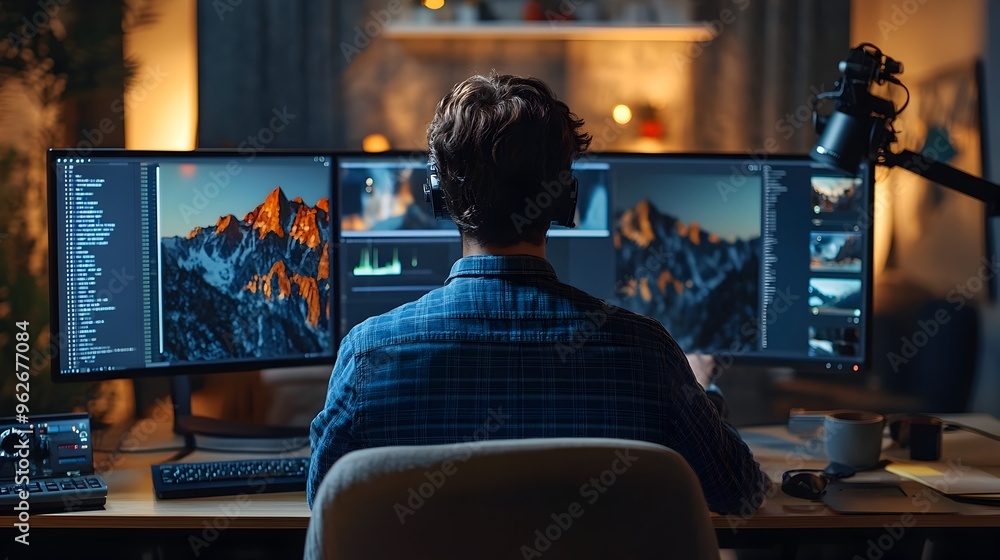 Poster digital content creator editing promotional video on desktop computer in home studio setup