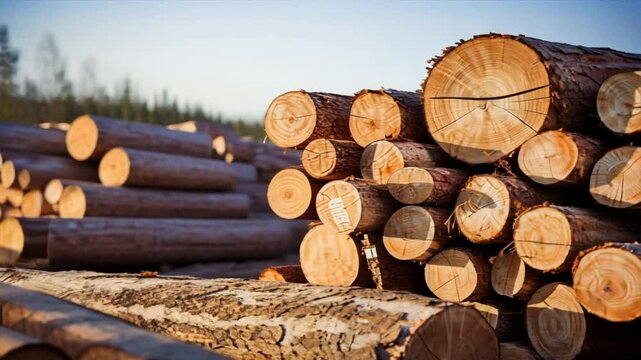 A pile of log trunks stacked neatly in a logging timber yard	
