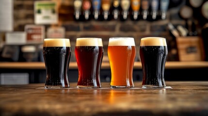 Four distinct glasses of beer lined up on a wooden table. Each beer showcases its unique color and foam. Perfect for craft beer lovers. A stylish display of diversity and flavor. AI
