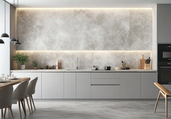 Modern kitchen interior with yellow lights, white cabinets, table and chairs. Created with Ai