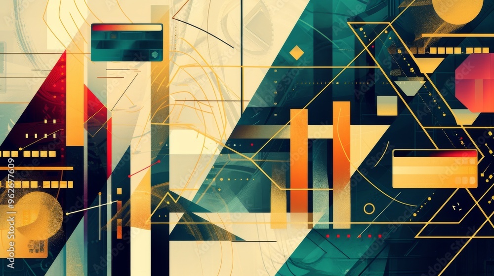 Poster an abstract digital artwork featuring bold geometric shapes and vibrant colors. the design combines 