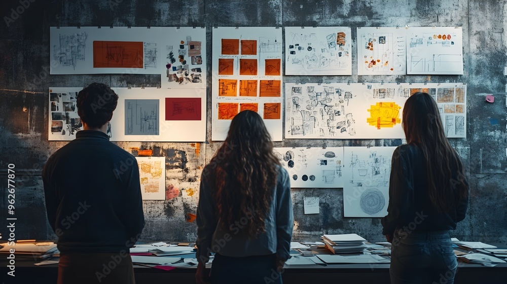 Poster collaborative creative team brainstorming around design concepts on wall